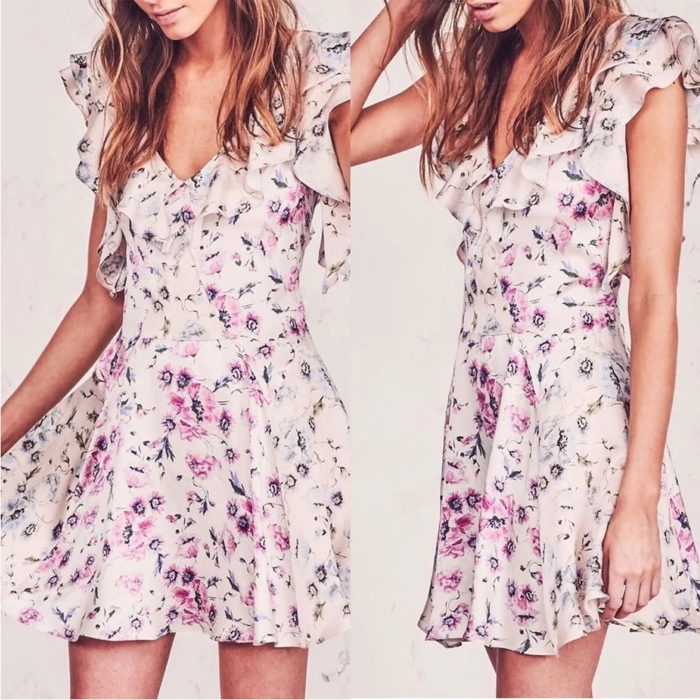 LoveShackFancy Frankie Silk Floral Mini Dress ruffle v neck flutter sleeve